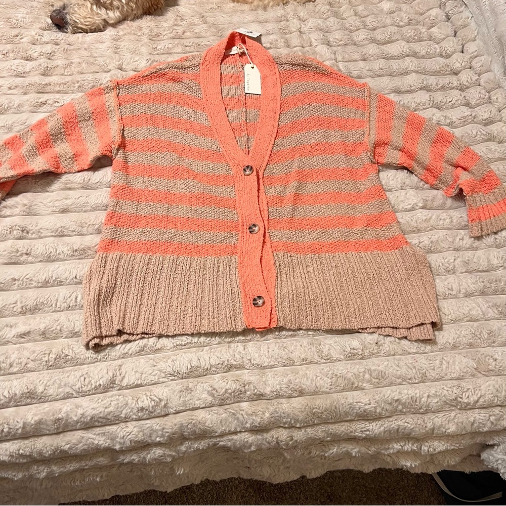 By Together Coral and Beige Striped Cardigan